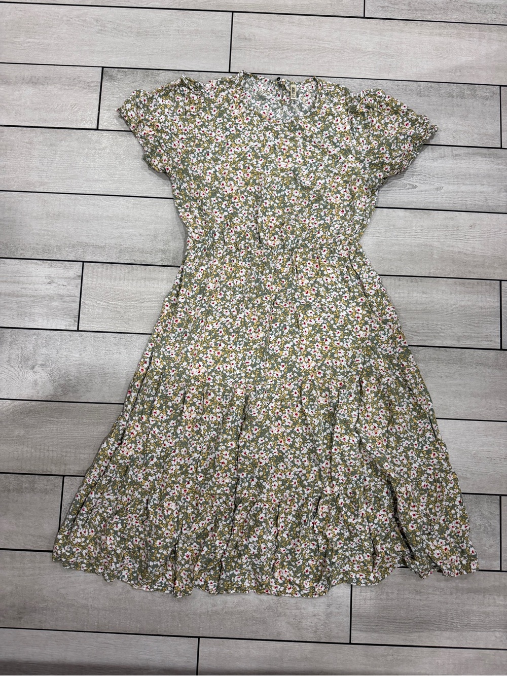 Olive Floral Tiered Midi Dress with Elastic Waist